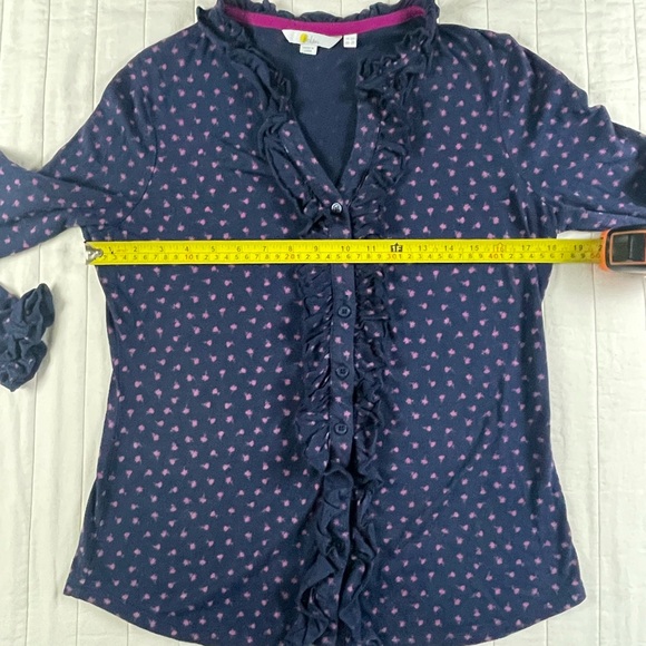 Boden Navy Button Down Shirt with Pink Flower Pattern and Ruffle Accents 12 - Picture 5 of 10
